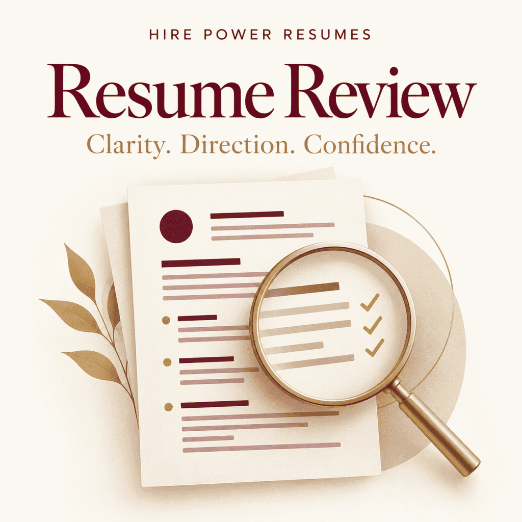 Hire Power Resumes Resume Review service graphic with a document and magnifying glass.