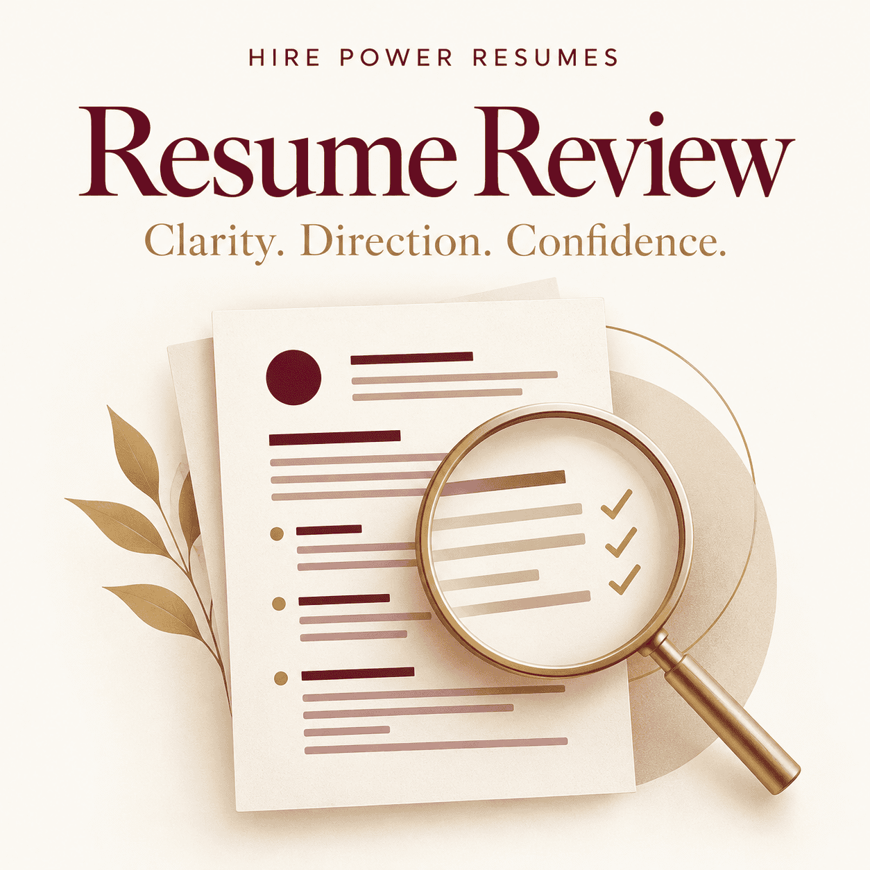 Hire Power Resumes Resume Review service graphic with a document and magnifying glass.