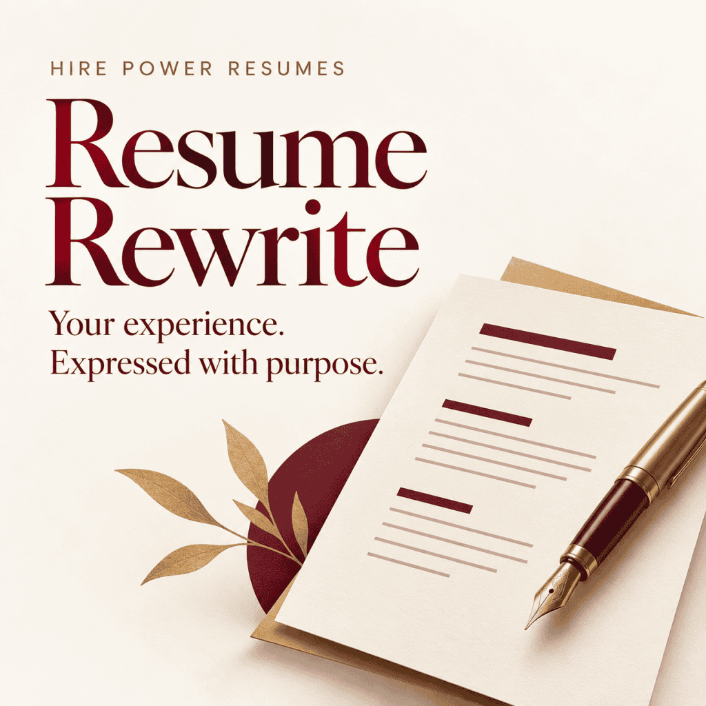 Hire Power Resumes Resume Rewrite service graphic with a document and gold pen.